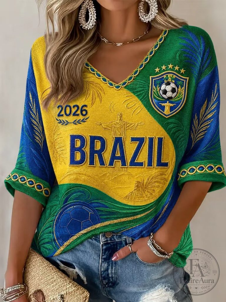 Brazil Football Team National Colors V-Neck Casual Top T-Shirt for Women