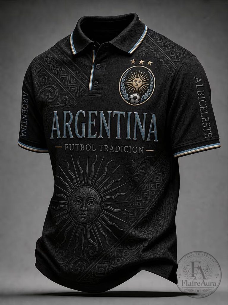 Argentina Football Tradition Sun God Black Polo Shirt for Men