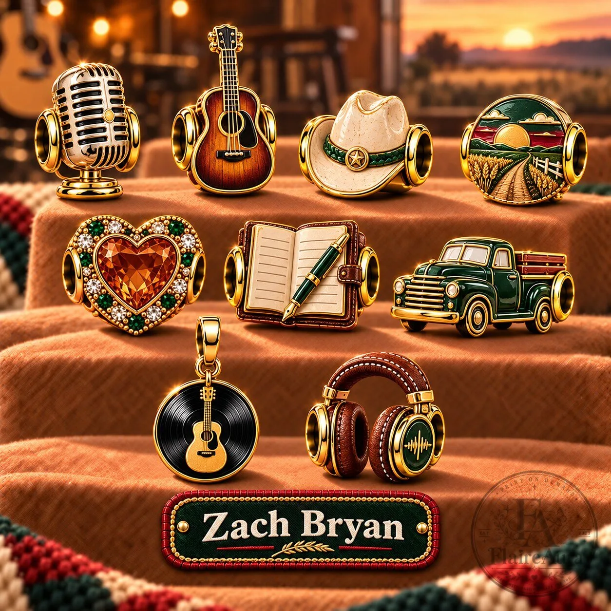 Zach Bryan Country Music Gold Charm Set for Bracelets and Necklaces