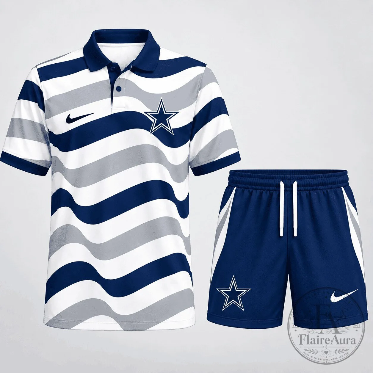 Dallas Cowboys Football Team Wavy Stripe Polo Shirt and Shorts Set