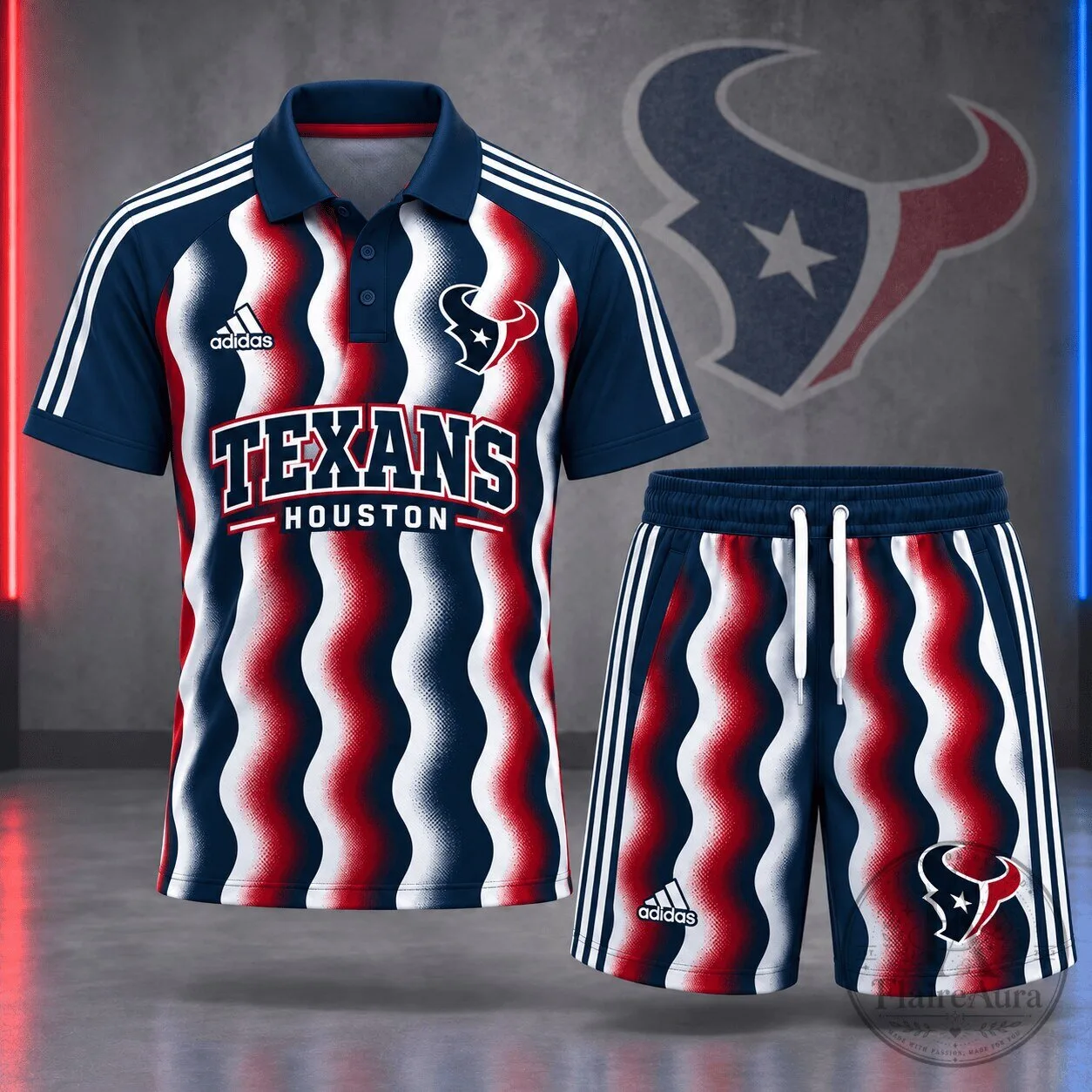 Houston Texans Wavy Stripes Polo Shirt and Shorts Set