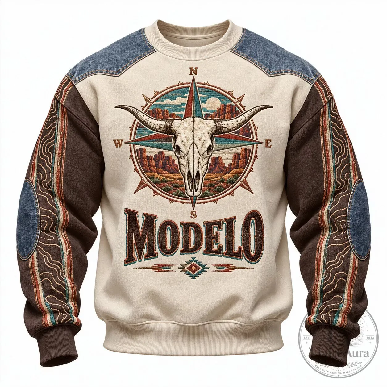 Modelo Western Cowboy Style Skull Compass Desert Landscape Crewneck Sweatshirt