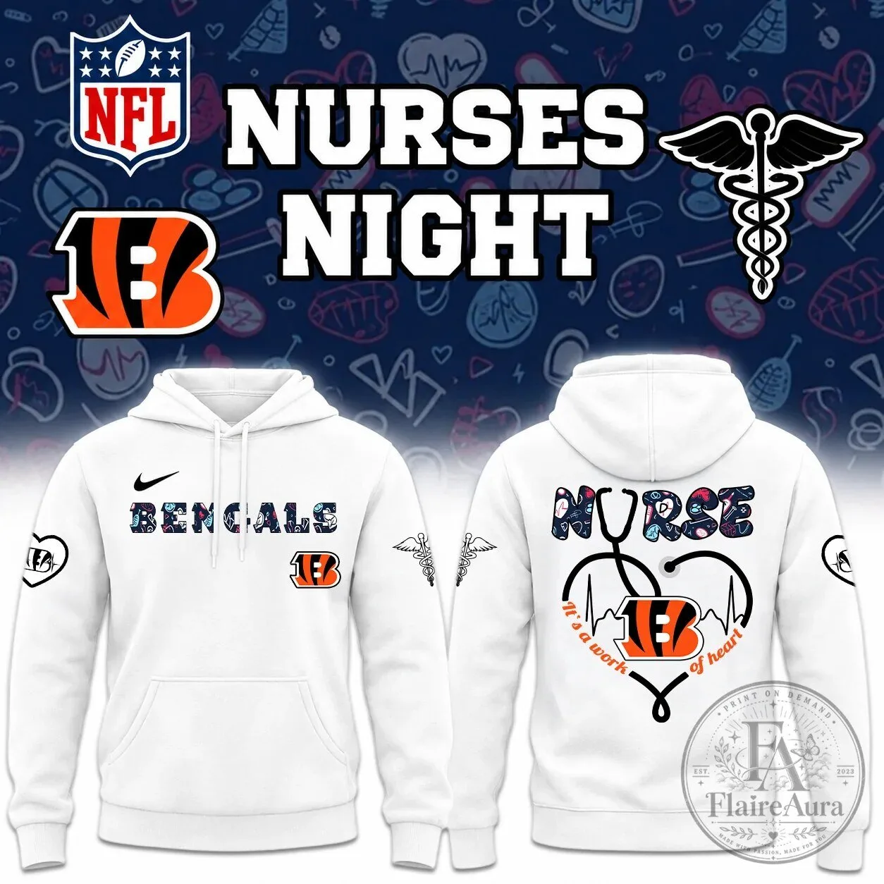 Cincinnati Bengals Football Nurse Night White Hoodie