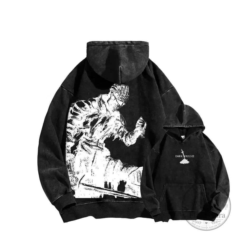 Dark Souls III Video Game Art Black Washed Hoodie for Men and Women