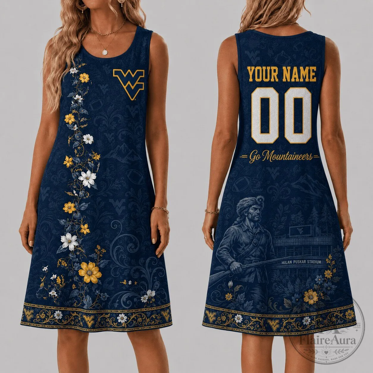 West Virginia Mountaineers Floral Pattern Sleeveless Dress