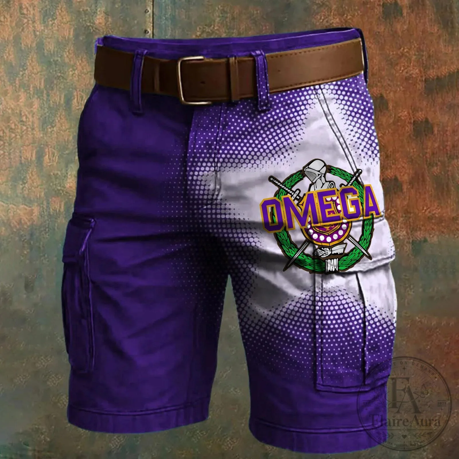 Omega Psi Phi Fraternity Purple and White Cargo Shorts with Belt