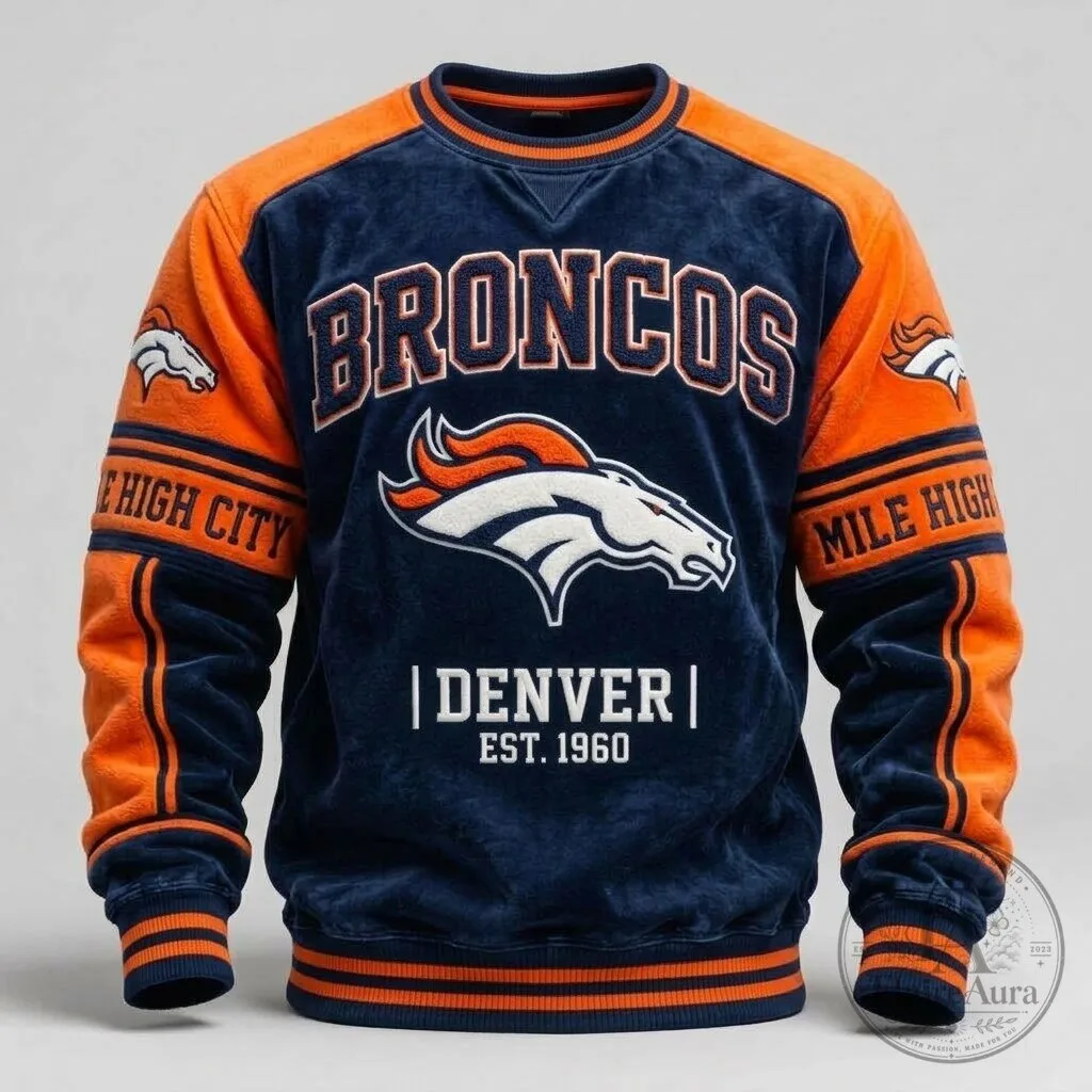 Denver Broncos Mile High City Established 1960 Velour Crewneck Sweatshirt