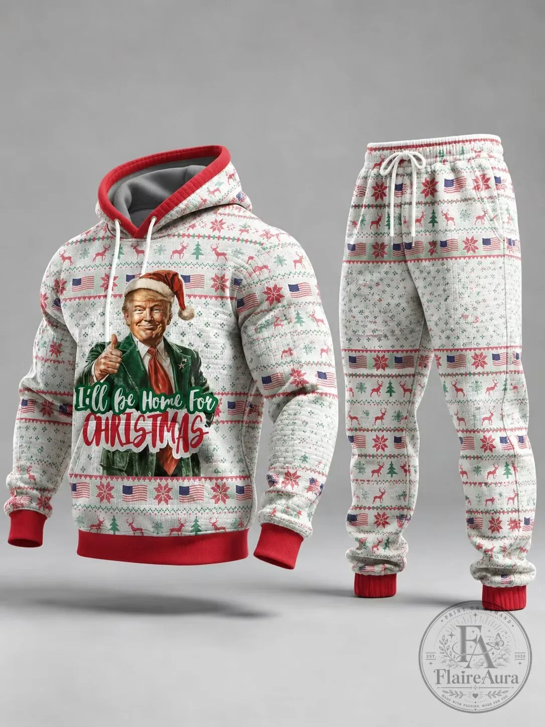 Donald Trump I'll Be Home For Christmas Holiday Hoodie and Jogger Pajamas Set