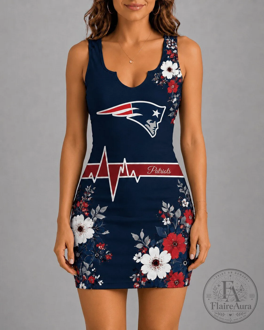 New England Patriots Floral Heartbeat Sleeveless Mini Dress for Women