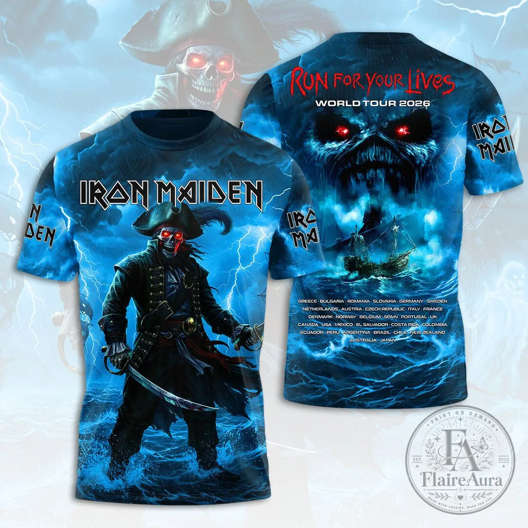 Iron Maiden Run For Your Lives World Tour 2026 Skull Pirate T-Shirt