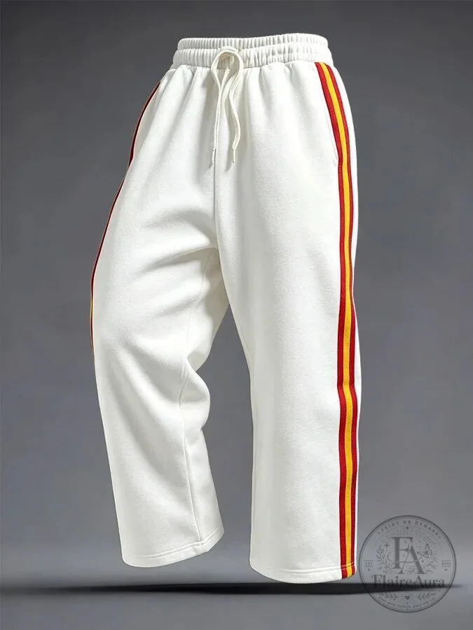 Men's White Track Pants with Red and Yellow Side Stripes