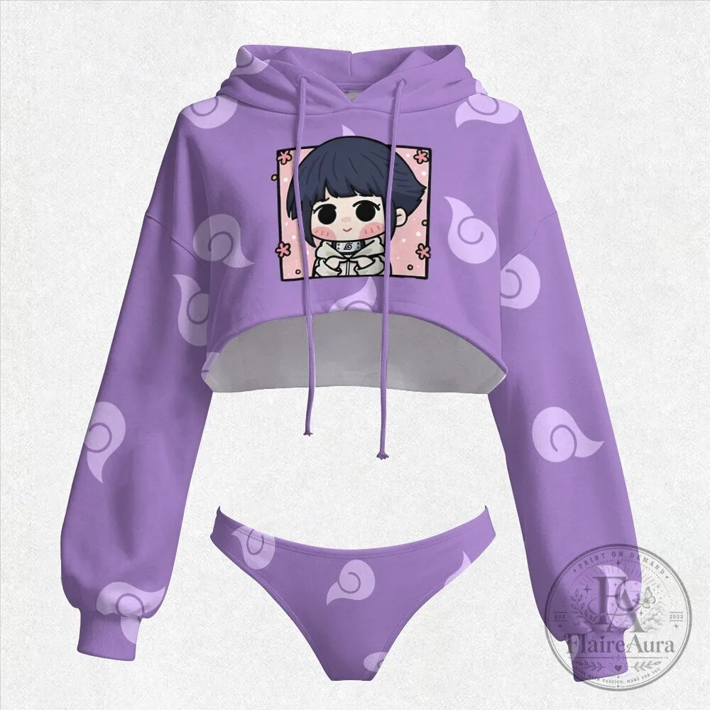 Hinata Hyuga Naruto Anime Chibi Character Purple Crop Top Hoodie and Panty Set