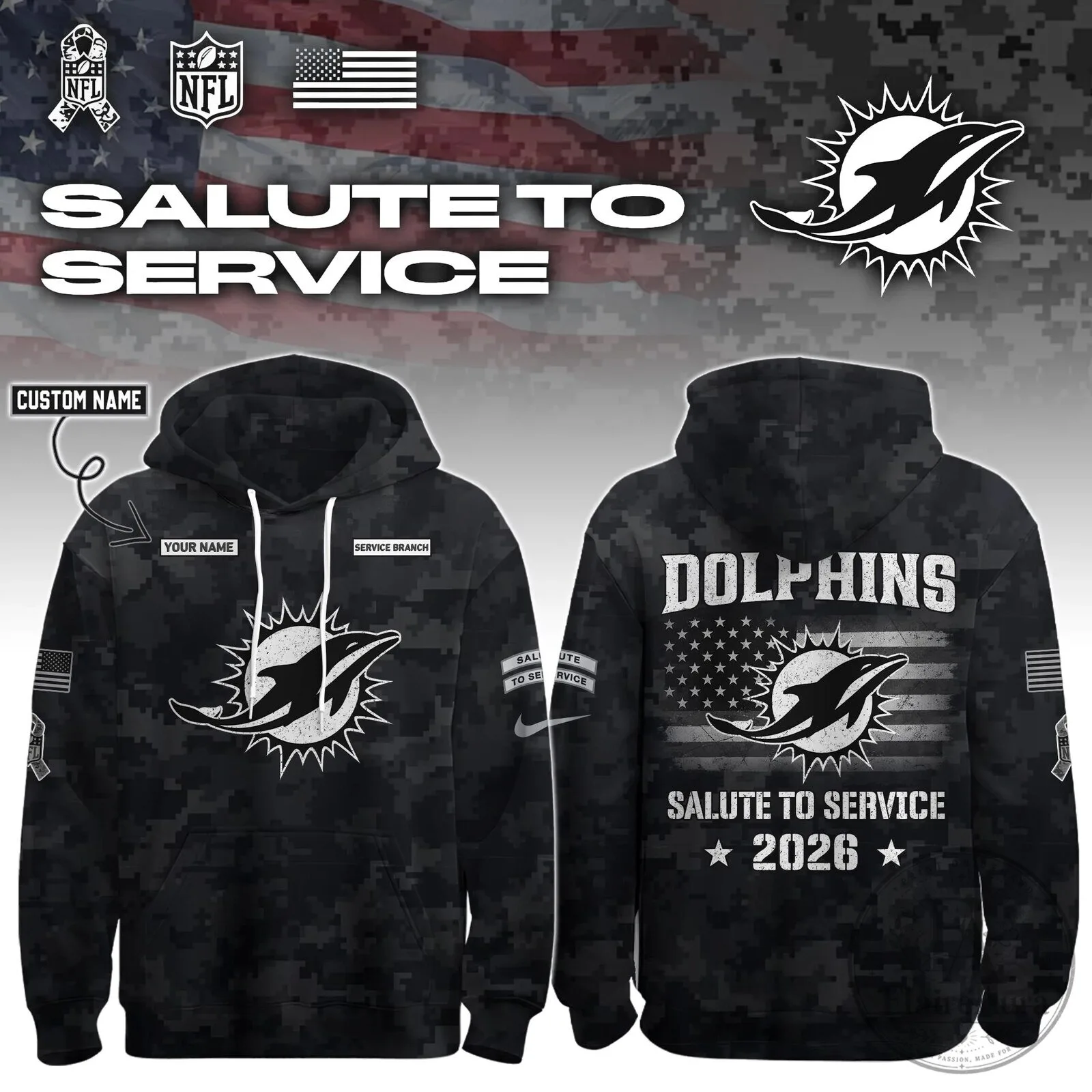 Miami Dolphins Salute To Service 2026 Custom Name Military Camouflage Hoodie