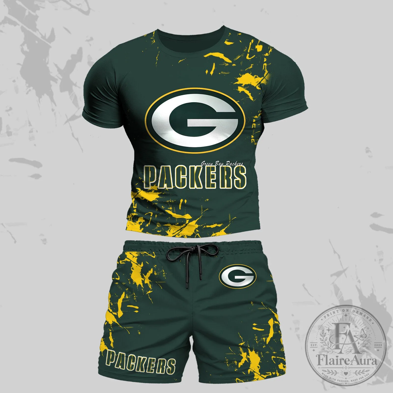 Green Bay Packers Distressed Logo Football Team Matching T-Shirt and Shorts Set
