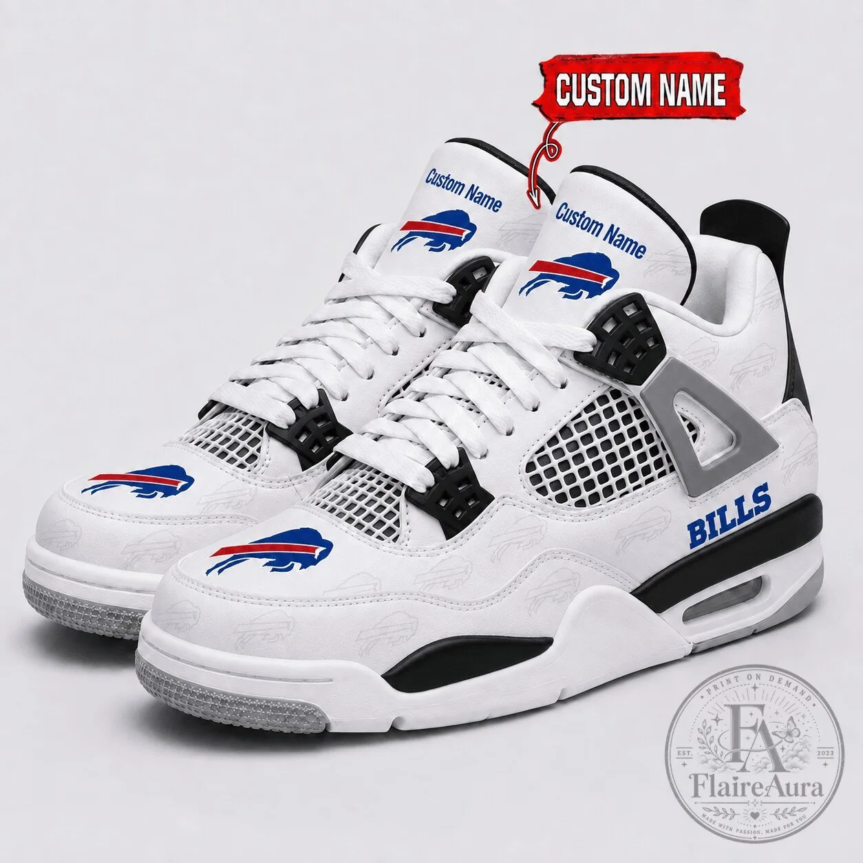 Buffalo Bills Personalized Air Jordan 4 Style White Sneakers