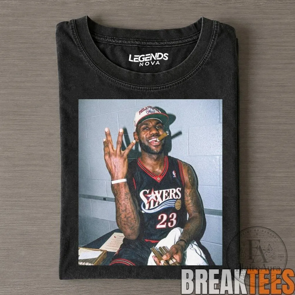 Philadelphia 76ers Graphic T-Shirt Showcasing LeBron James as a Basketball Player