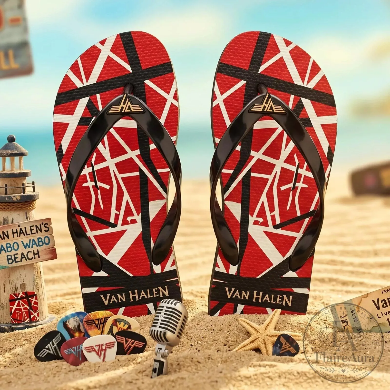 Van Halen Red and Black Striped Pattern Beach Flip Flops