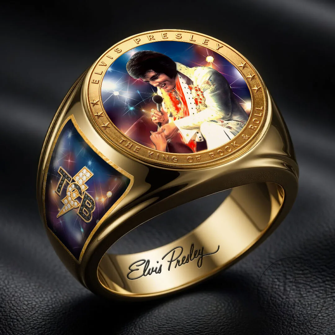 Commemorative Gold Tone Ring of Elvis Presley, The King of Rock and Roll