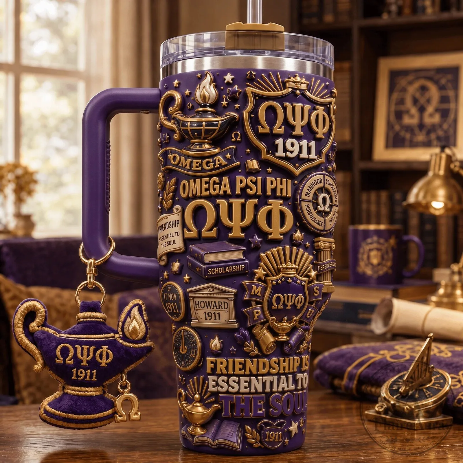 Omega Psi Phi Fraternity Purple Stainless Steel Insulated Tumbler with Handle