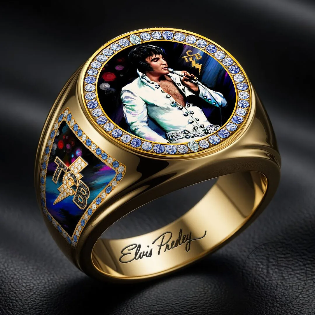 Elvis Presley Gold Tone TCB Ring with Blue Gemstone Accents