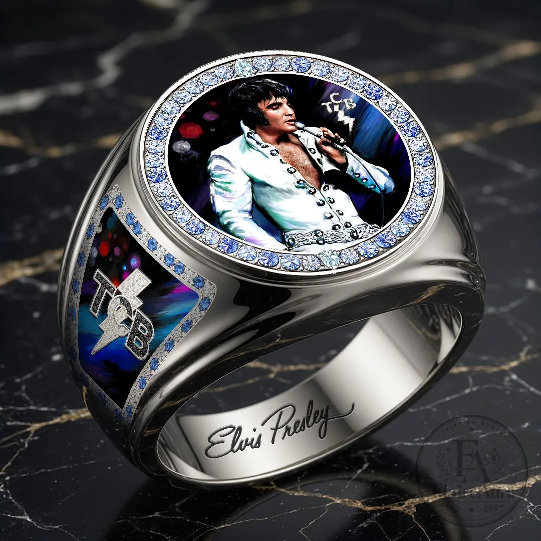Elvis Presley Gold Tone TCB Ring with Blue Gemstone Accents 5 Elvis Presley Gold Tone TCB Ring with Blue Gemstone Accents