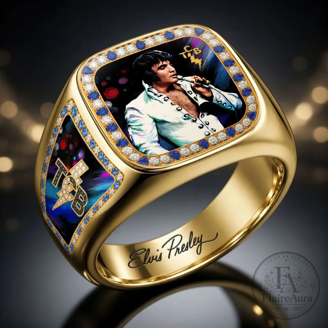 Elvis Presley Gold Tone TCB Ring with Blue Gemstone Accents 6 Elvis Presley Gold Tone TCB Ring with Blue Gemstone Accents