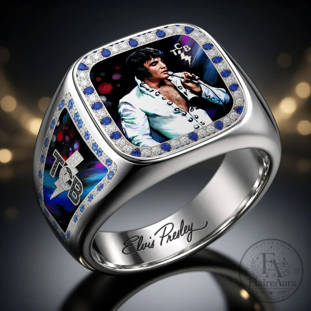 Elvis Presley Gold Tone TCB Ring with Blue Gemstone Accents 7 Elvis Presley Gold Tone TCB Ring with Blue Gemstone Accents