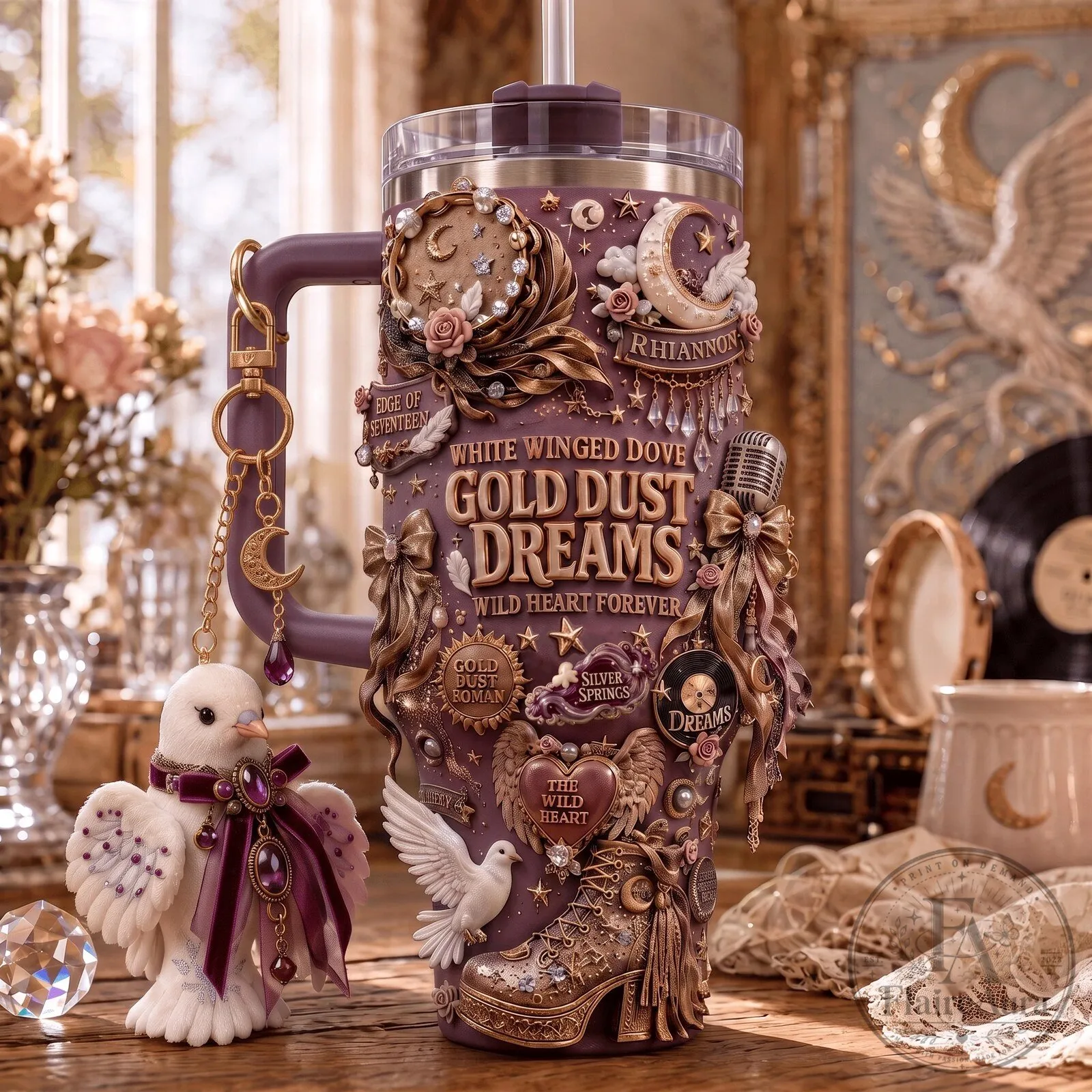 Stevie Nicks White Winged Dove Gold Dust Dreams Tumbler with Handle