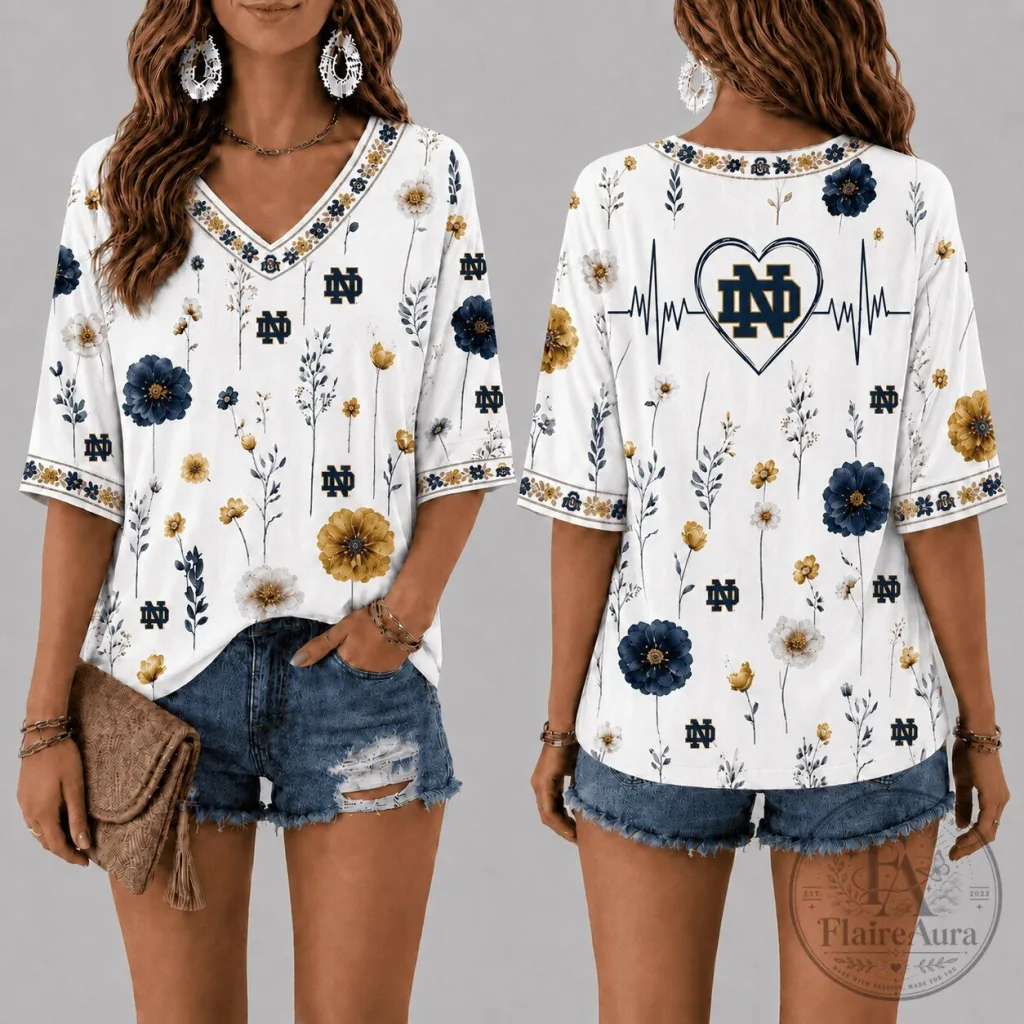 Notre Dame Fighting Irish Football Floral Heartbeat V-Neck T-Shirt 14 Notre Dame Fighting Irish Football Floral Heartbeat V-Neck T-Shirt