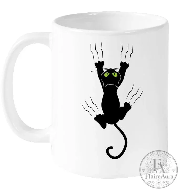 Funny Black Cat Scratching Coffee Mug for Cat Lovers and Pet Owners