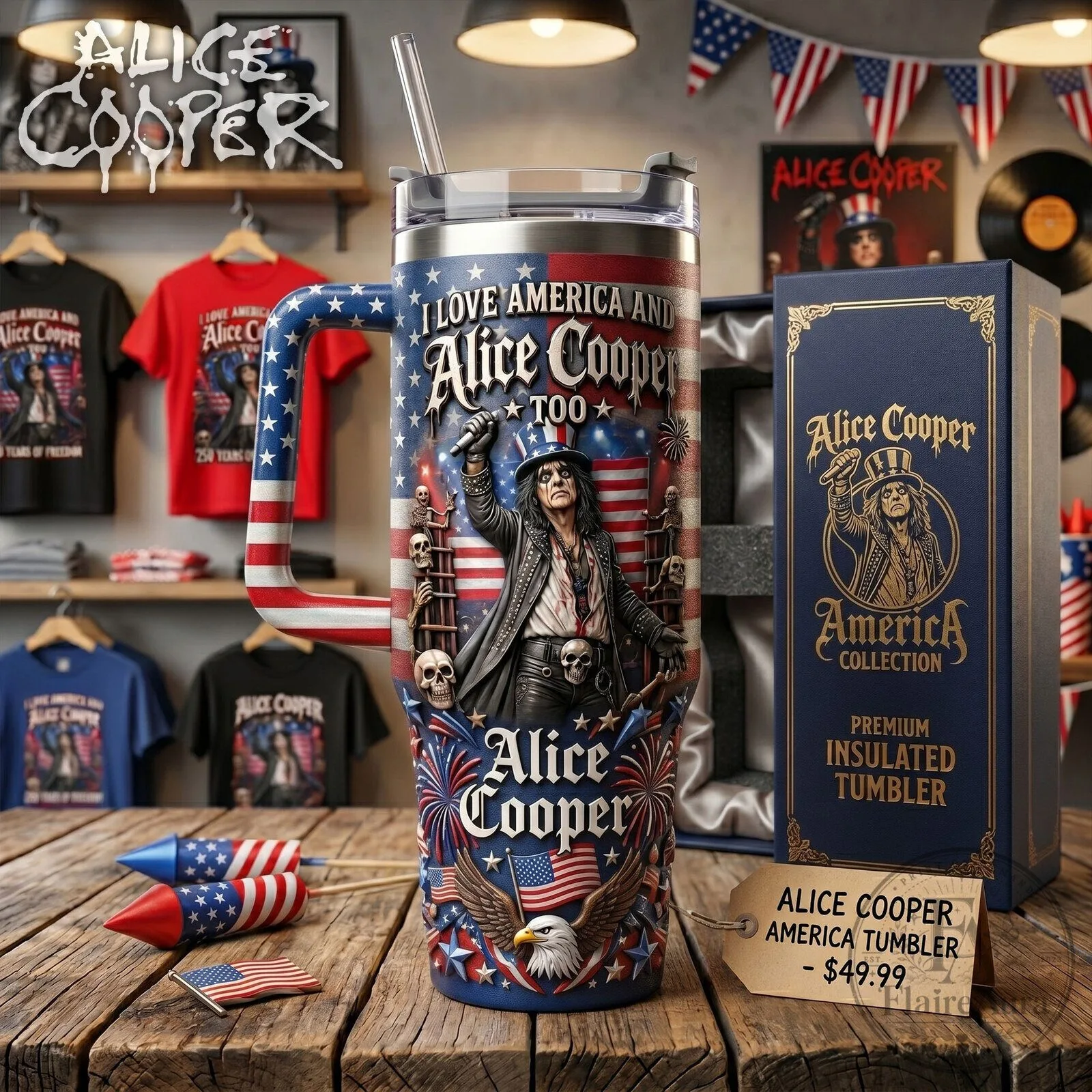 Alice Cooper I Love America Too Rock and Roll Music Insulated Tumbler with Handle