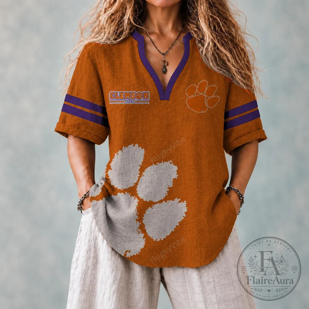 Clemson Tigers Football Team Orange and Purple Striped Short Sleeve T-Shirt