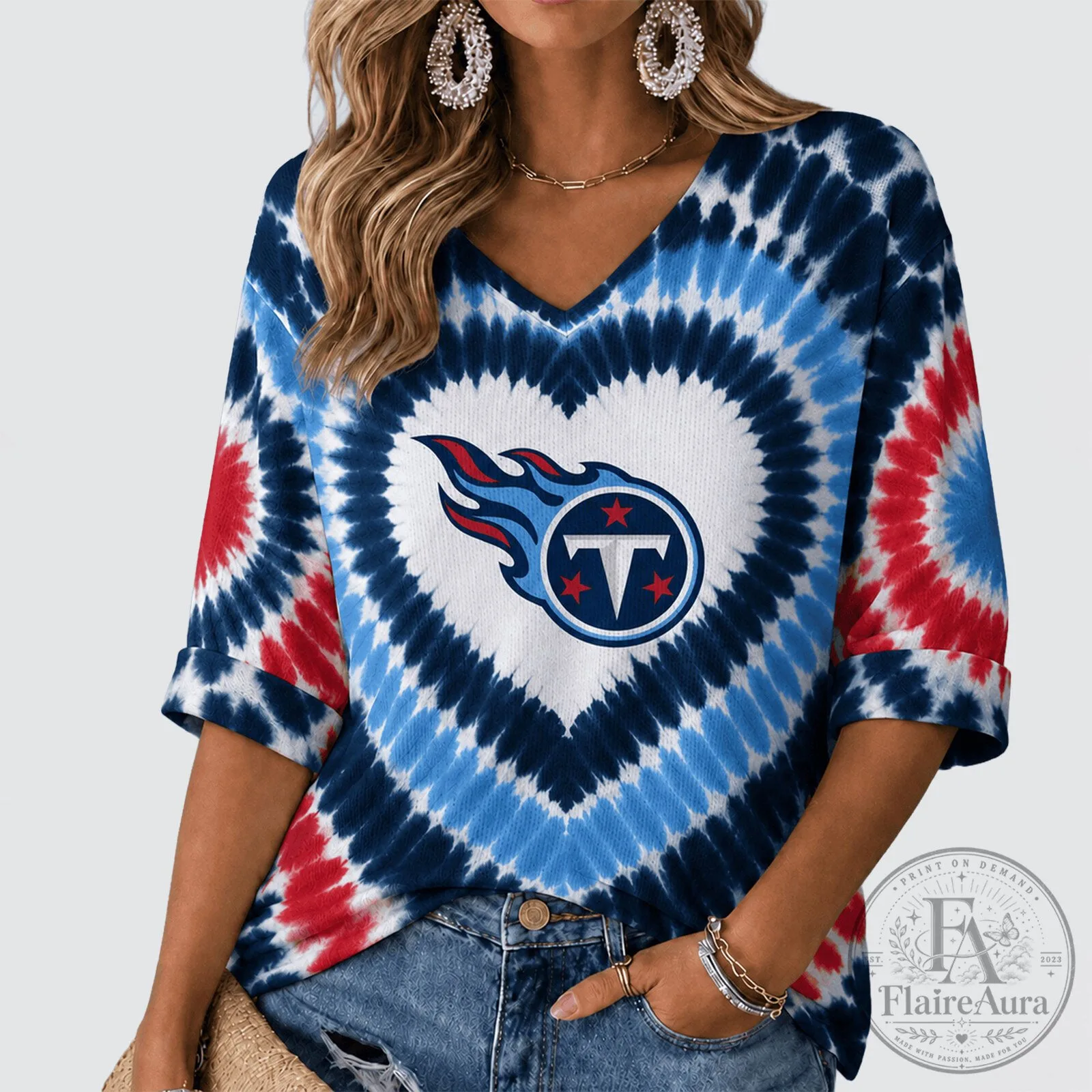 Tennessee Titans Women's Tie Dye Heart Logo V-Neck Long Sleeve Shirt