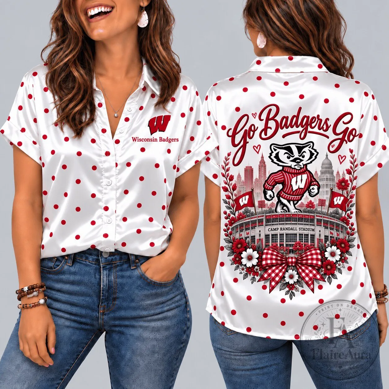 Wisconsin Badgers Polka Dot Short Sleeve Button Down Shirt