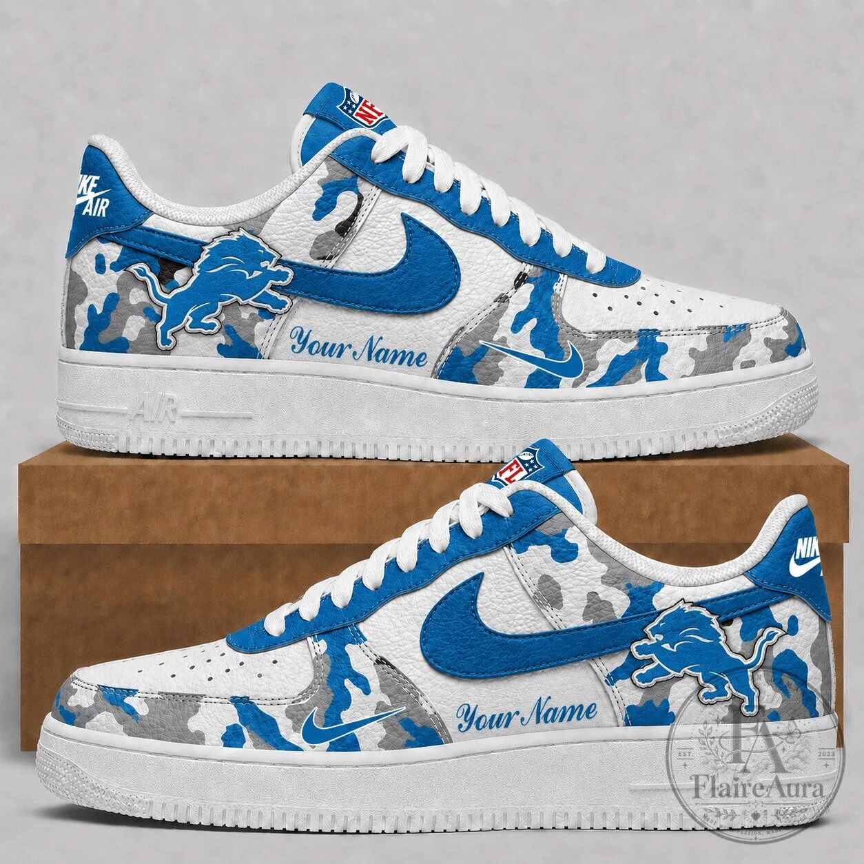 Detroit Lions NFL Team Blue Camouflage Custom Name Low Top Shoes