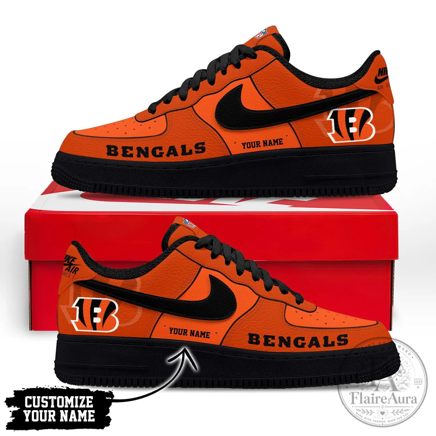 Cincinnati Bengals Team Logo Personalized Orange and Black Custom Shoes
