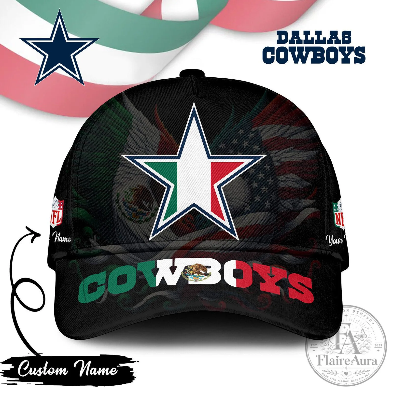 Dallas Cowboys NFL Mexican Flag Star Logo Black Baseball Cap Hat 1 Dallas Cowboys NFL Mexican Flag Star Logo Black Baseball Cap Hat