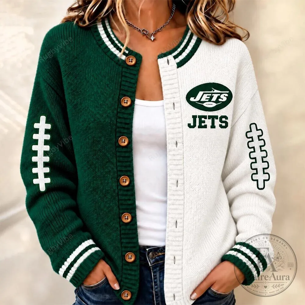 New York Jets Football Team Green and White Varsity Cardigan Sweater