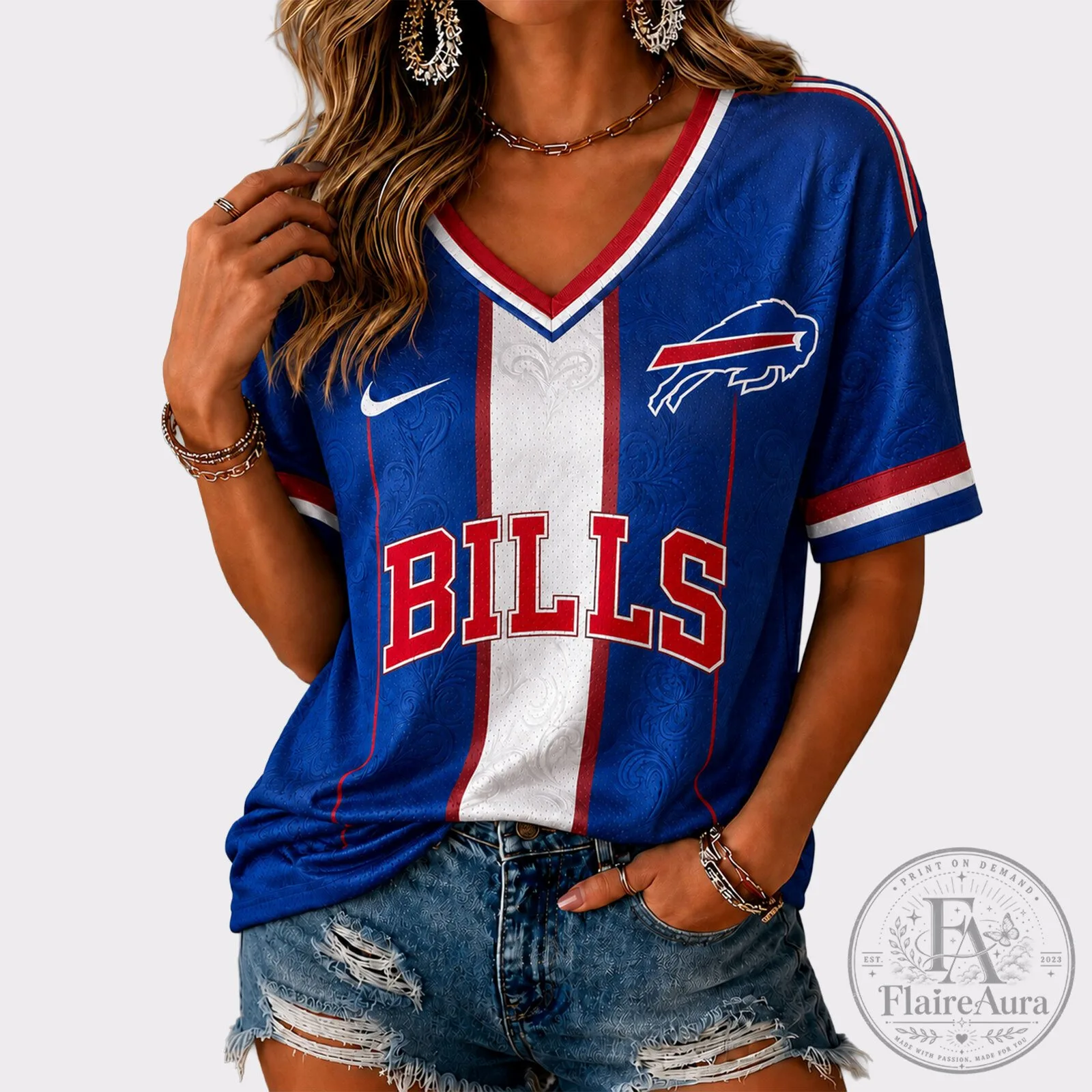 Buffalo Bills Football Team V-Neck Game Day T-Shirt for Women