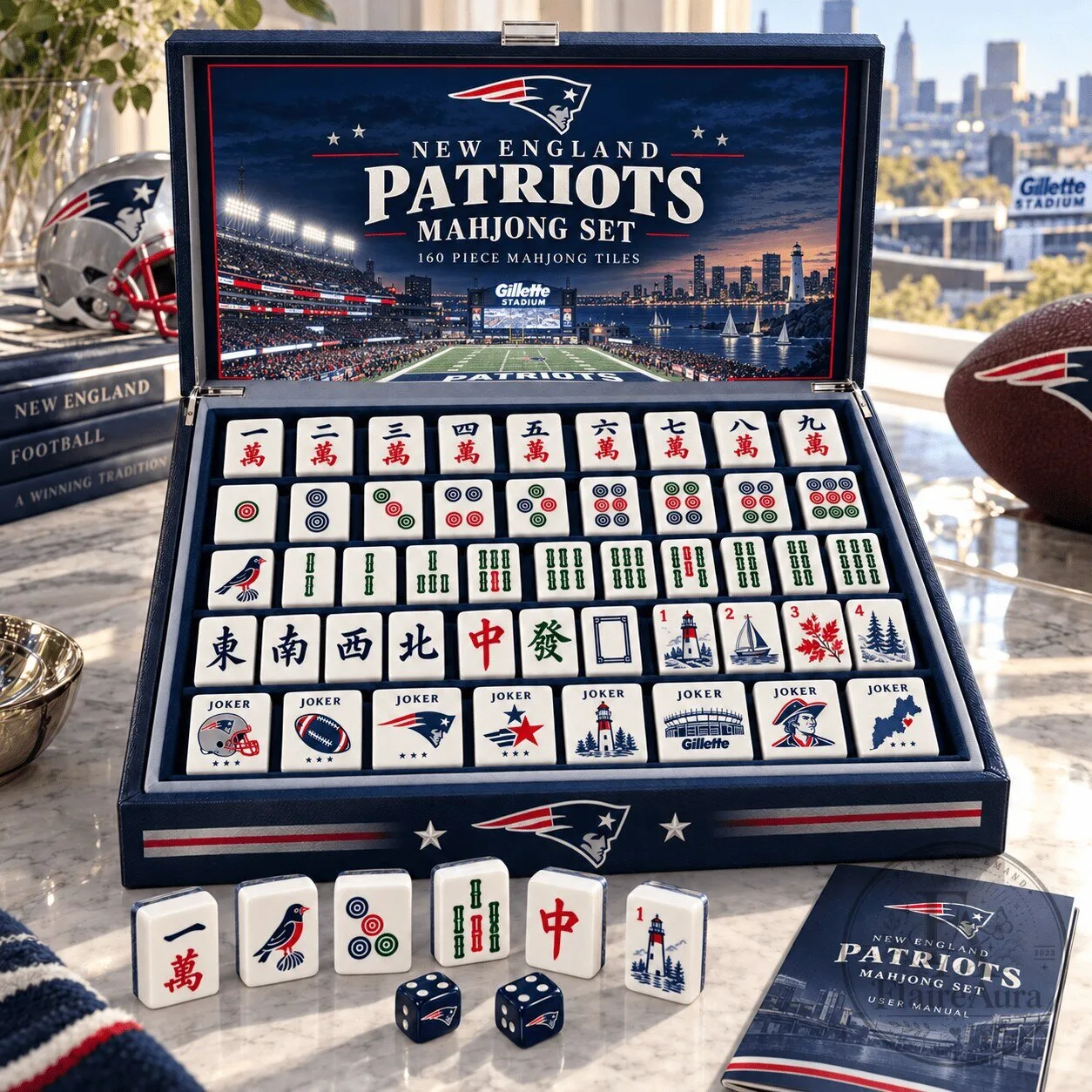 New England Patriots Mahjong Game Set with 160 Piece Tiles and User Manual