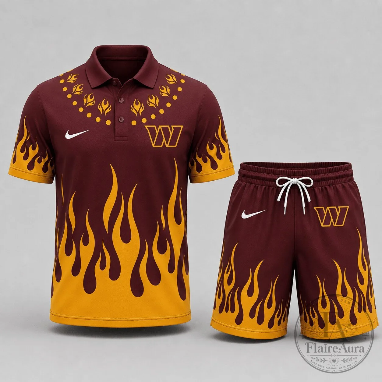 Flame Design Polo Shirt and Shorts Set for Washington Commanders Fans