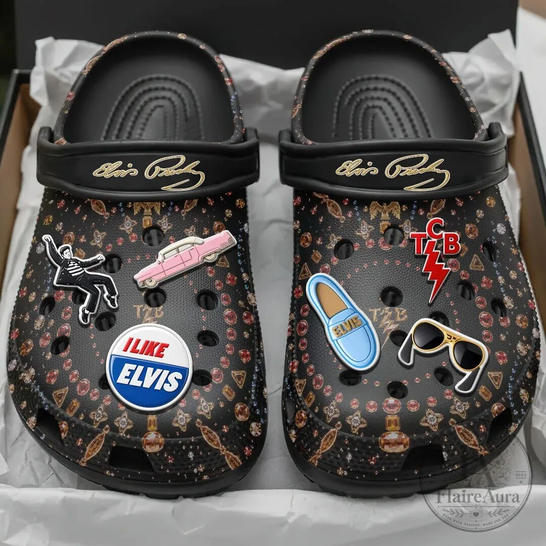 Elvis Presley Black Patterned Clogs with Jibbitz Charms