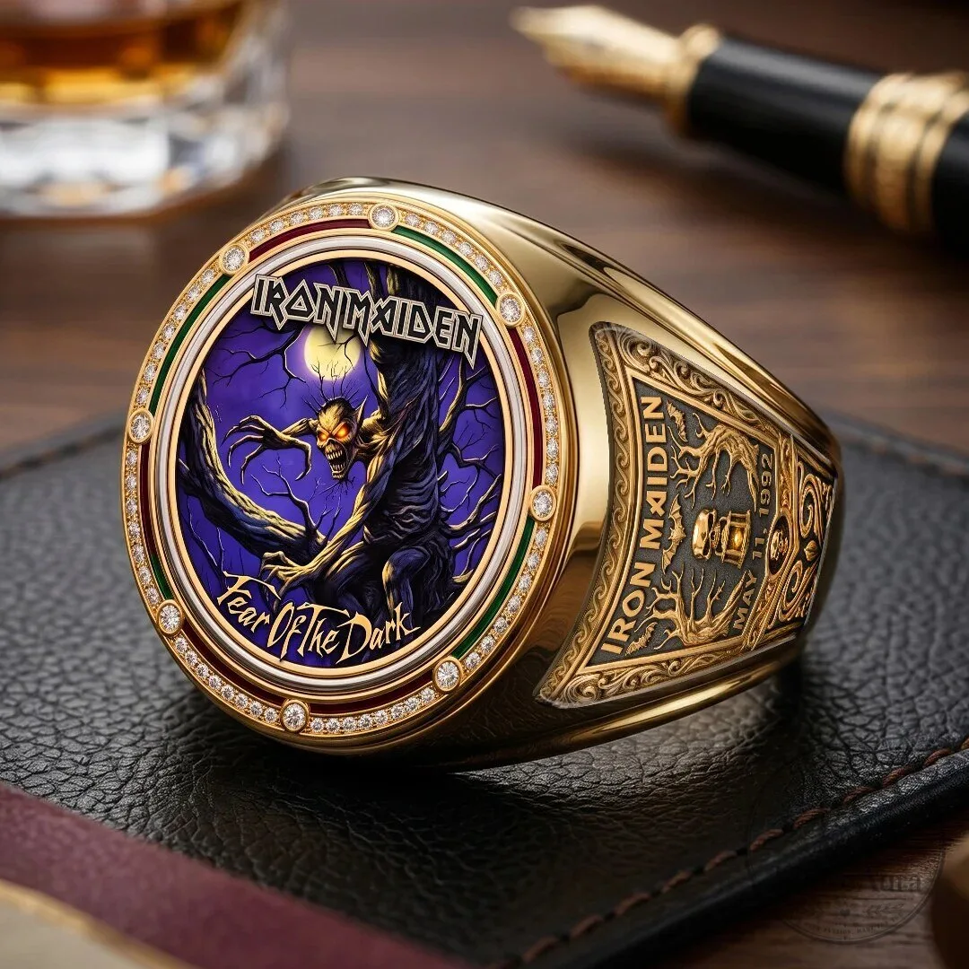 Iron Maiden Fear of the Dark Album Art Gold Ring with Engraved Band Logo