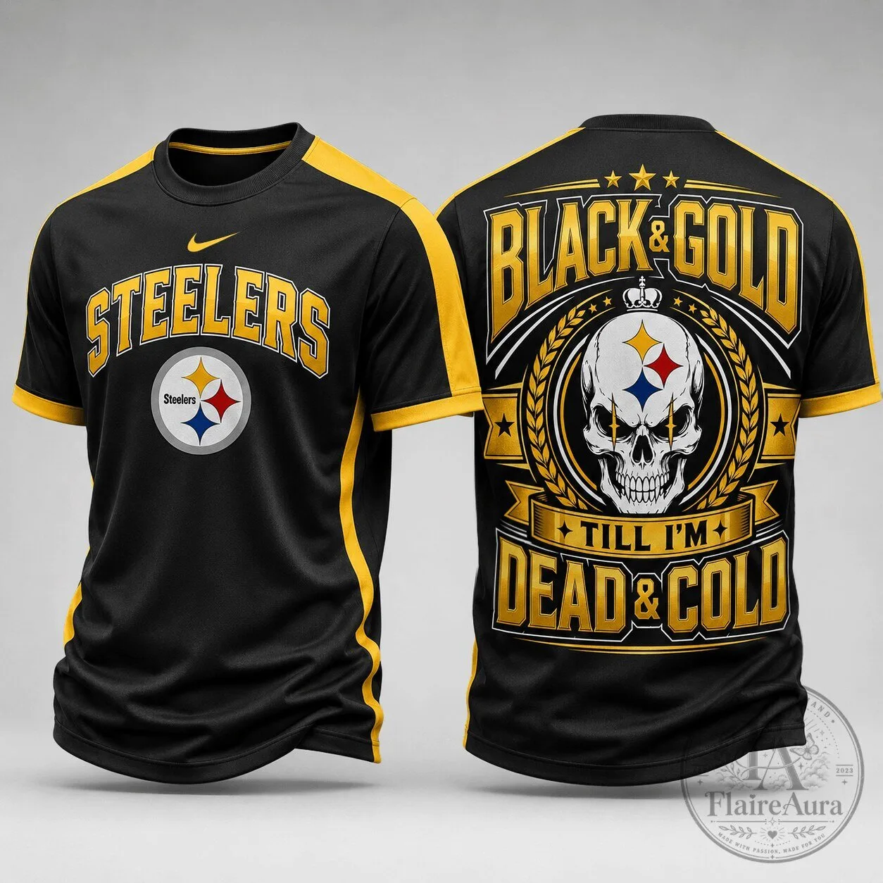 Pittsburgh Steelers NFL fan shirt, Black and Gold Skull Till I'm Dead and Cold T-Shirt