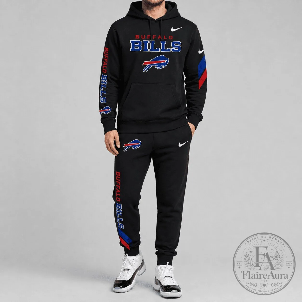 Black Hoodie and Jogger Pants Set Featuring Buffalo Bills NFL Team Logo