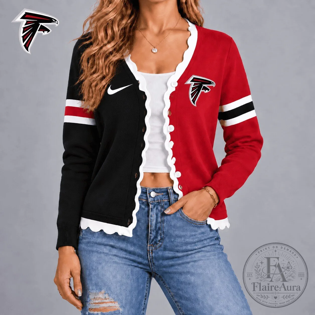Atlanta Falcons NFL Team Logo Red Black Scalloped Cardigan Sweater for Women