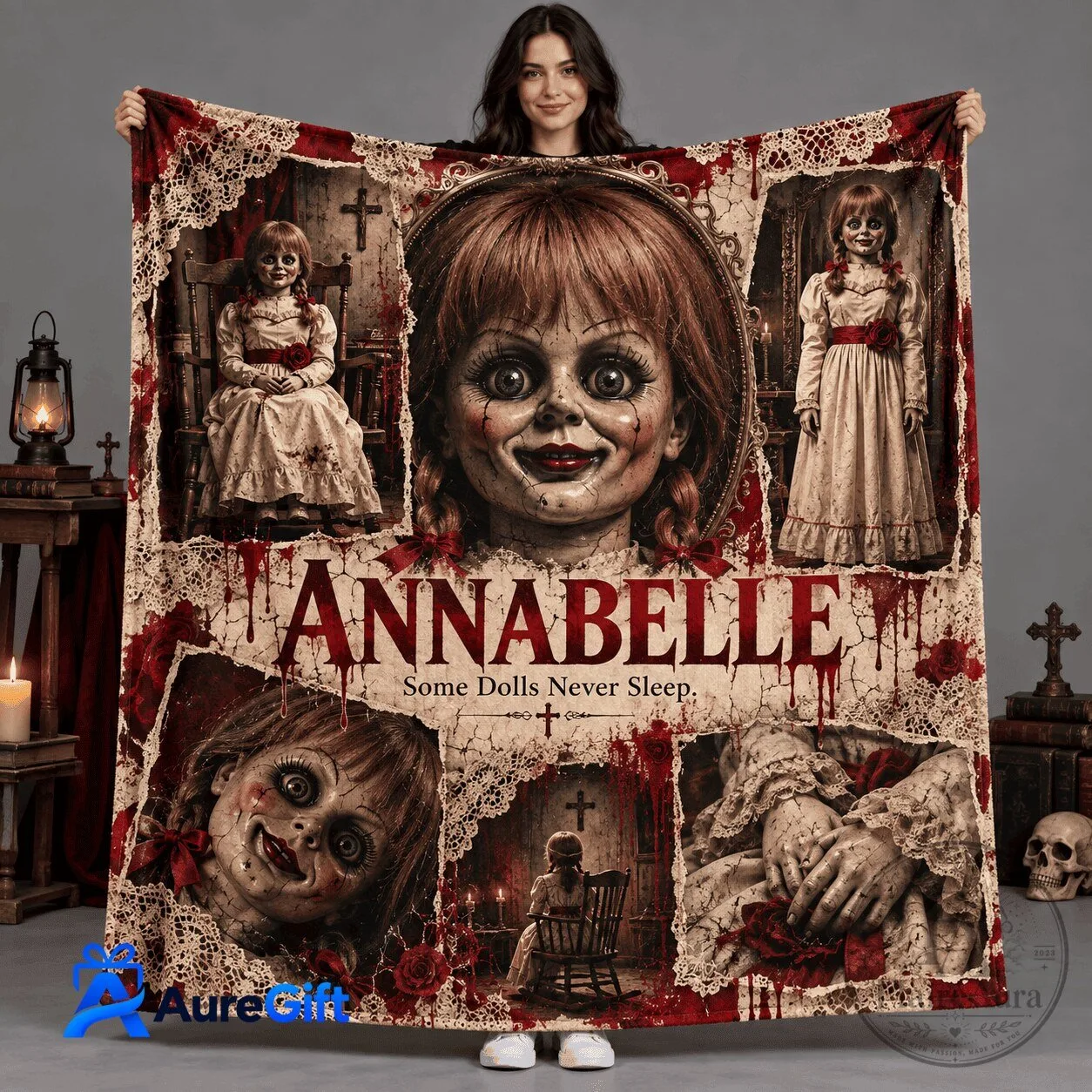 Annabelle Horror Movie Doll Portrait Red Lettering Fleece Blanket