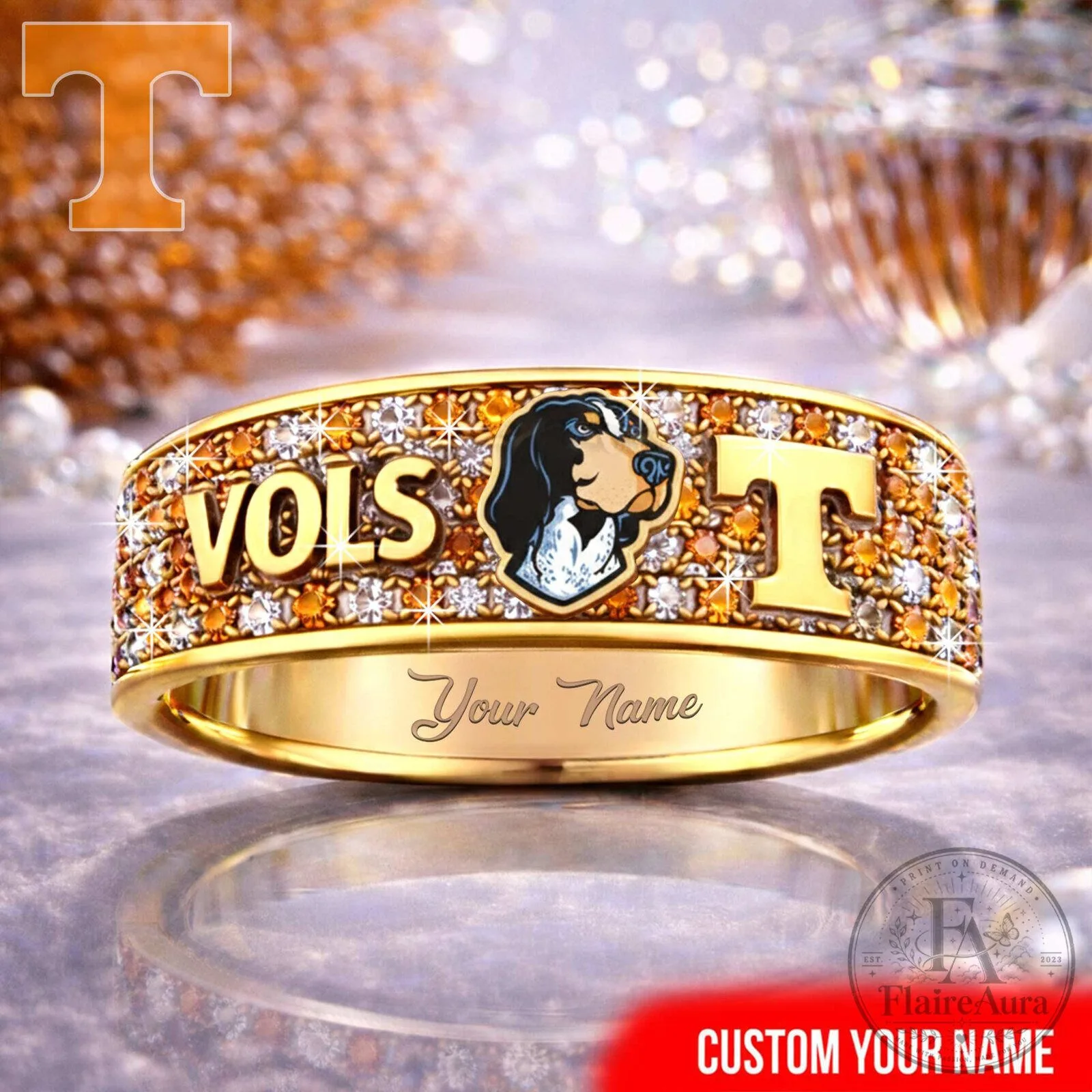 Tennessee Volunteers Hound Dog Personalized Gold Ring