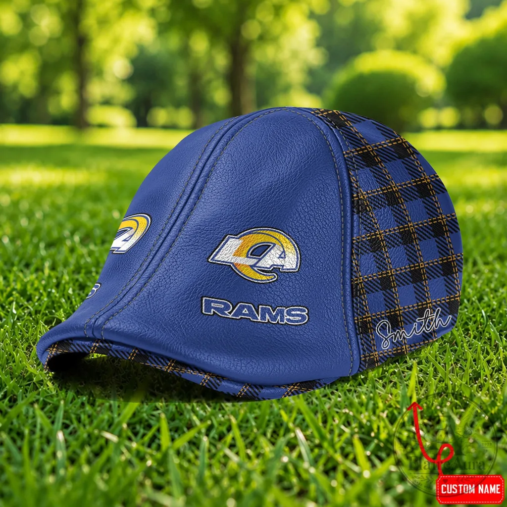 Los Angeles Rams NFL Blue Plaid Custom Name Flat Cap Hat