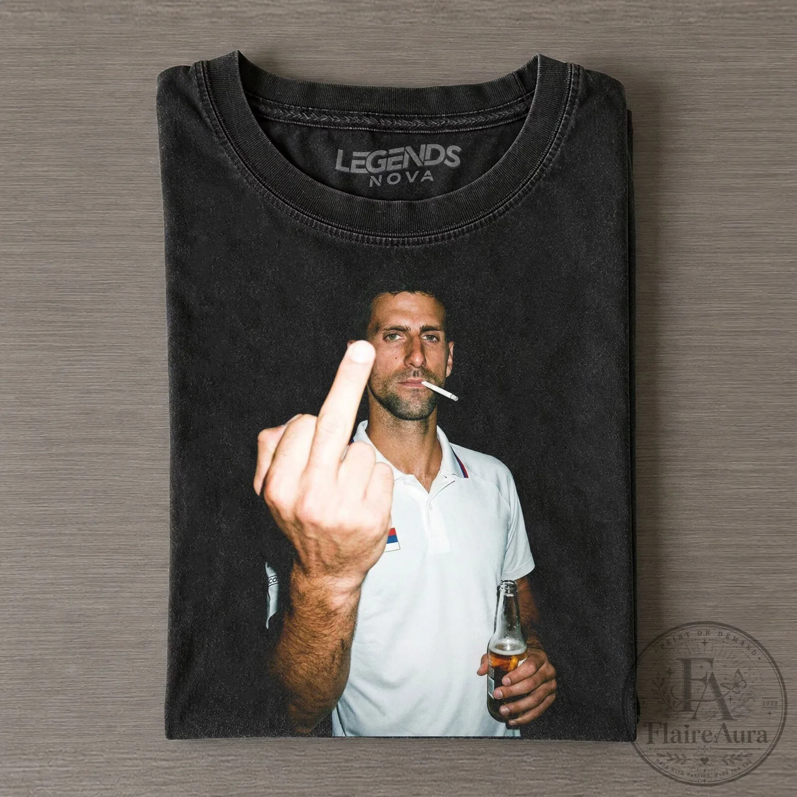 Funny Tennis T-Shirt Featuring Novak Djokovic with a Middle Finger and Cigarette